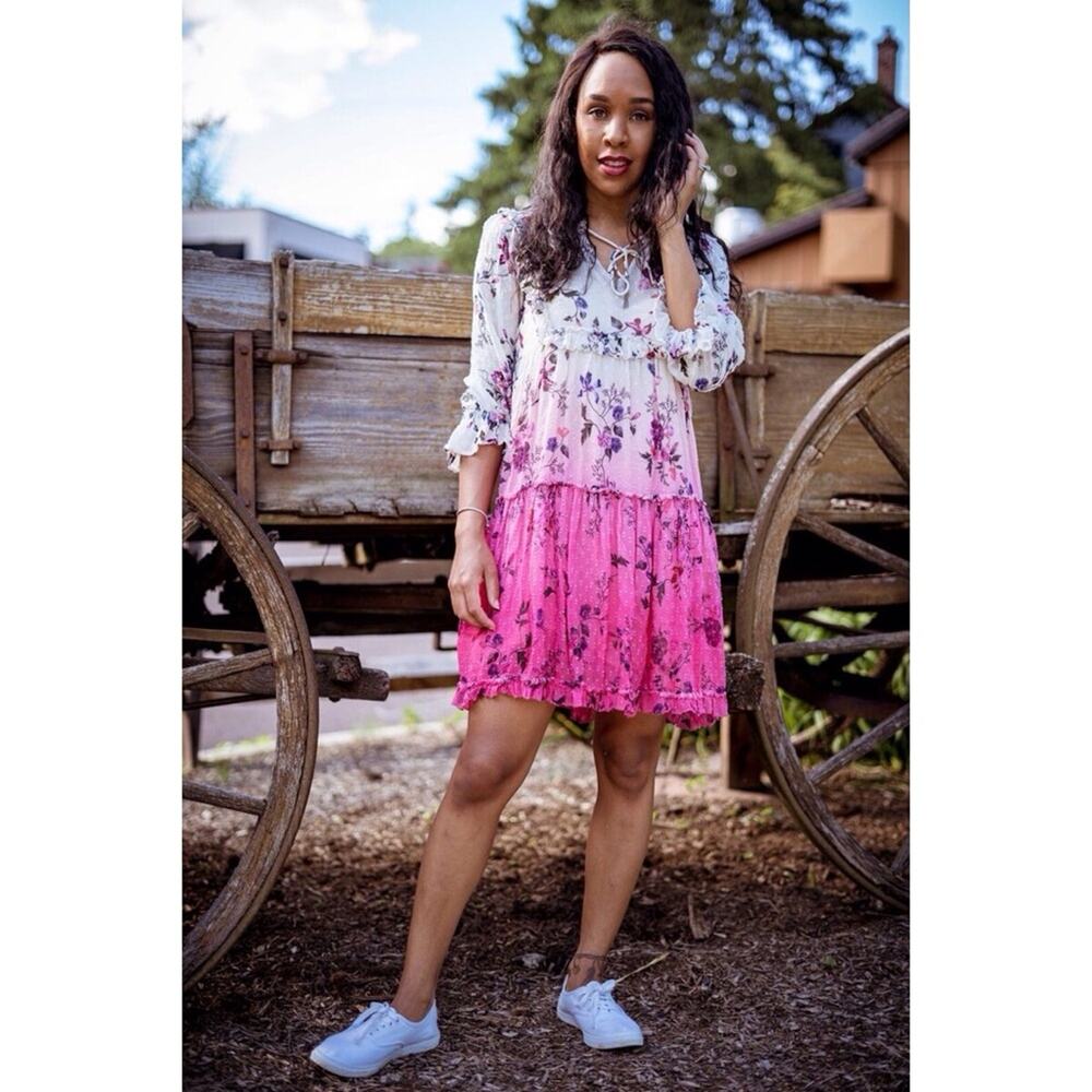 Anthropologie Dip-Dyed White to Pink Floral Midi Dress
